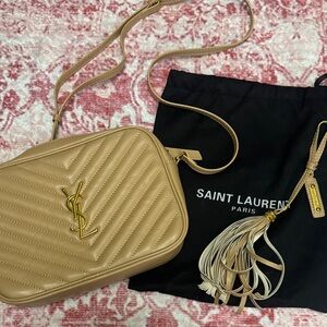 Tan Quilted Leather Camera Bag with Gold Hardware